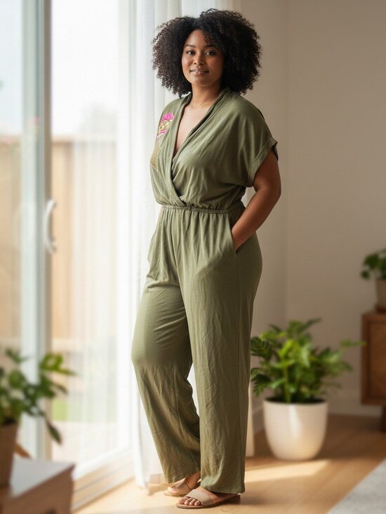 Lulus Pants - Lulu's Undeniable Success Olive Green Short Sleeve Wide-Leg Jumpsuit